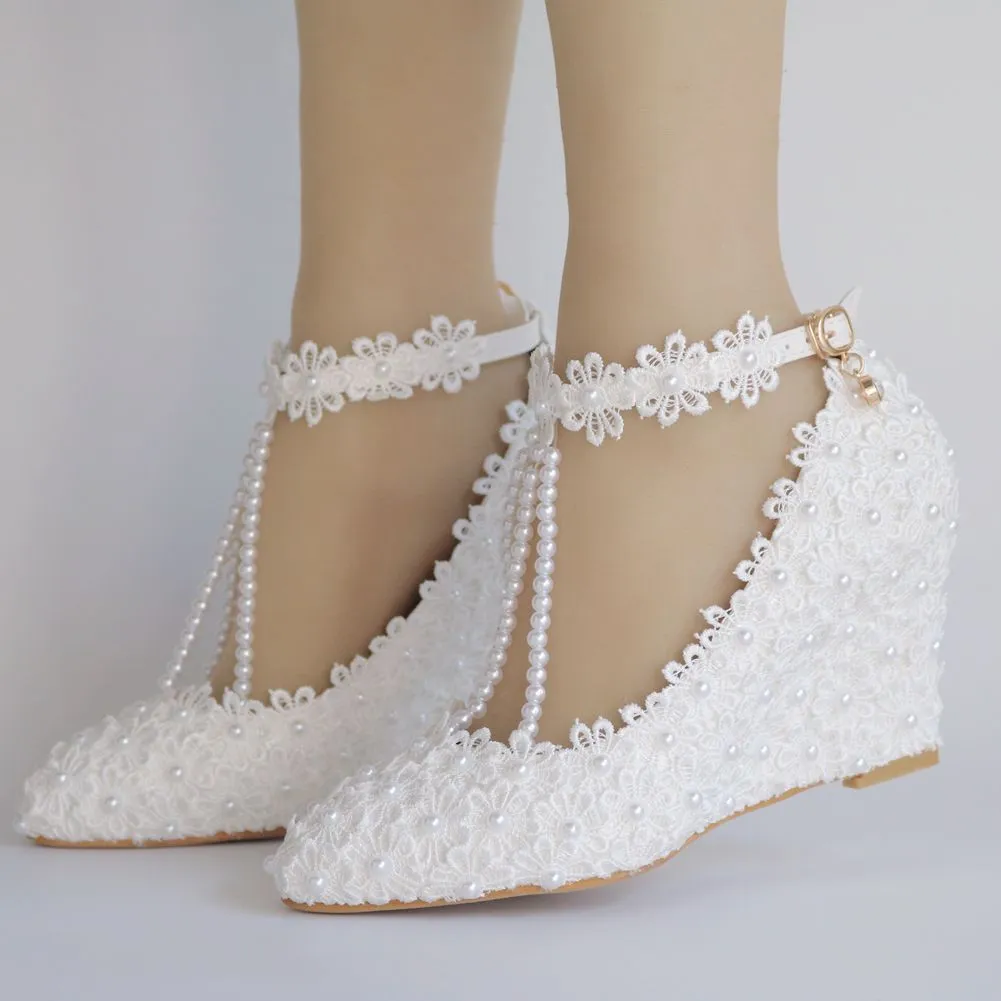 8 cm Pointed Wedge Lace Beaded Wedding Shoes