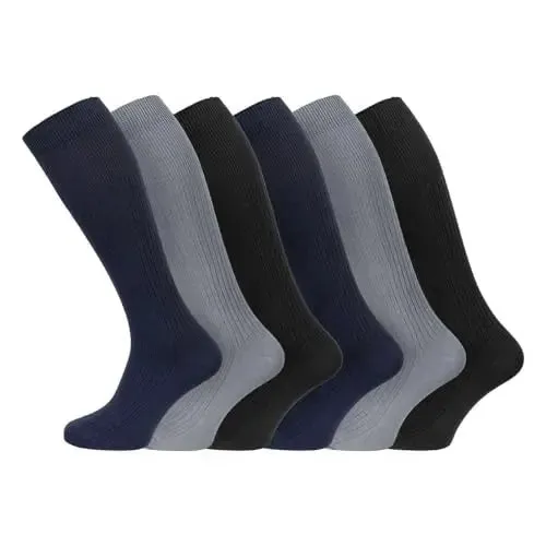 B.U.L 6 Pairs Mens Ribbed Long Hose 100% Cotton Knee High Soft Top Socks UK 6-11 / EU 39-45