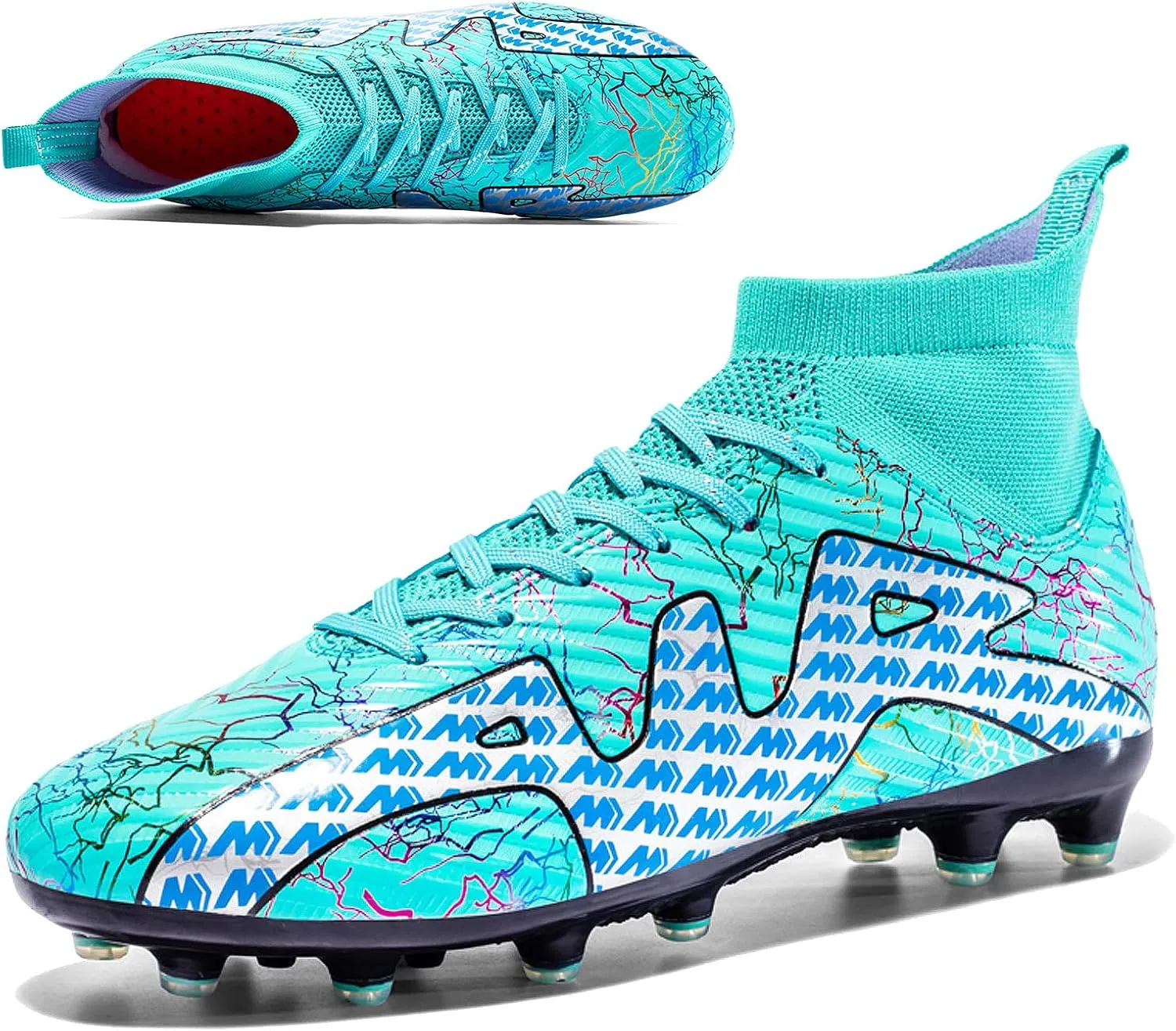 CERYTHRINA Men's Soccer Cleats Professional High-Top Soccer Boots Athletic Competition Training Football Shoes Outdoor Turf Shoes Sneakers Cyan Cleats 43