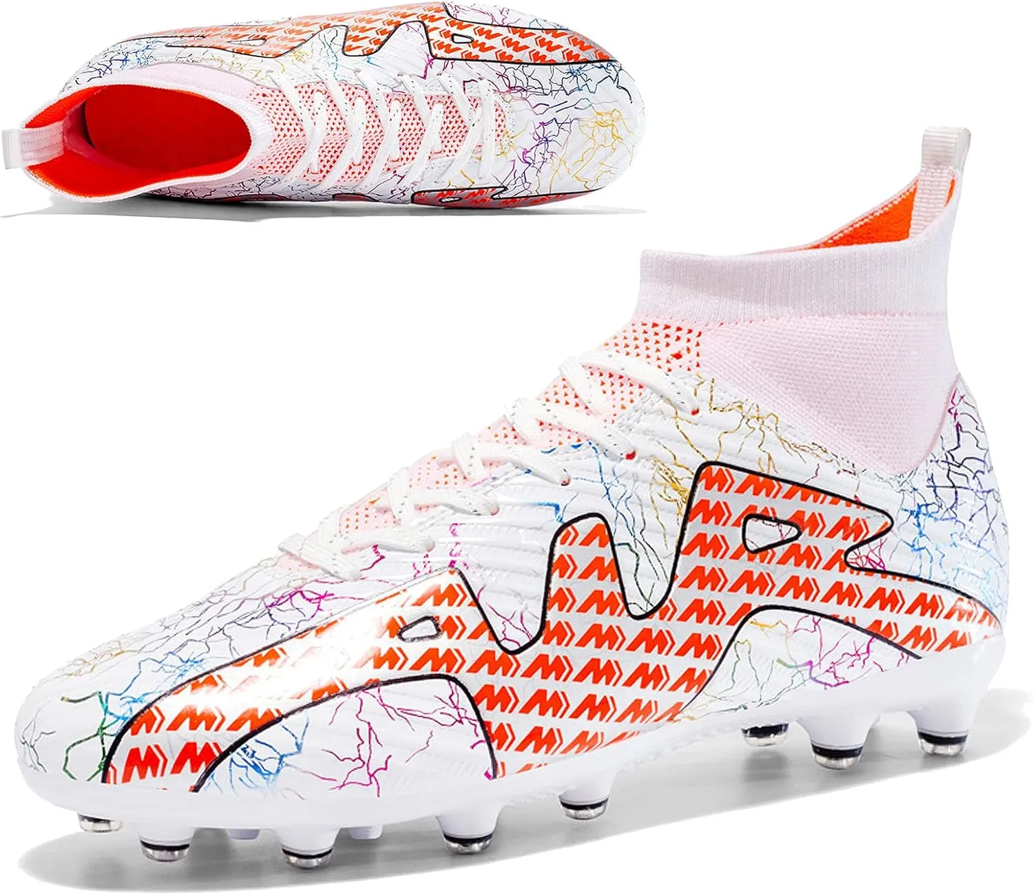 CERYTHRINA Men's Soccer Cleats Professional High-Top Soccer Boots Athletic Competition Training Football Shoes Outdoor Turf Shoes Sneakers White/Red Cleats 34