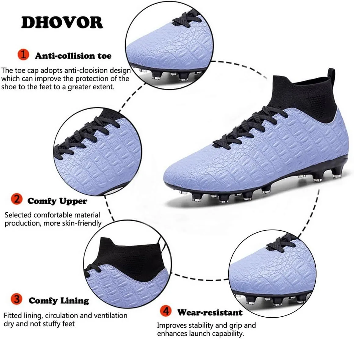 DHOVOR Boys Girls High-Top Soccer Cleats Youth Professional Football Cleats Unisex Lightweight Soccer Shoes for Kids