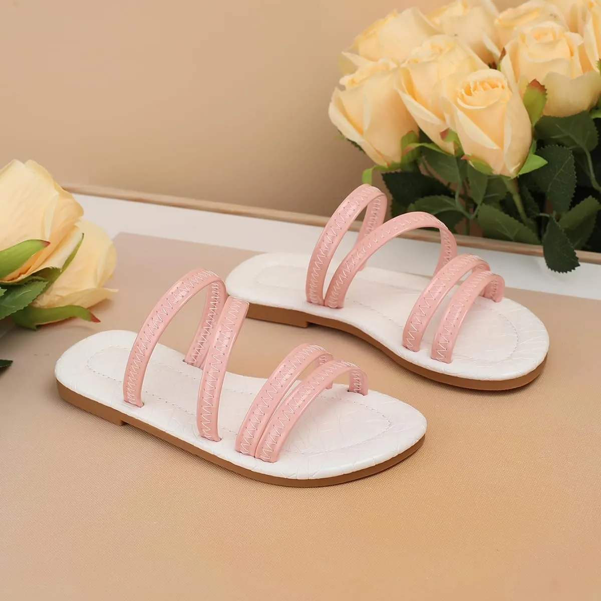 Girls' Open Round Toe Summer Strappy Flats Sandals Cute Pink Strap Slip On Dress Sandal Flats Shoes for Girls (Toddler Little Kid Big Kid)