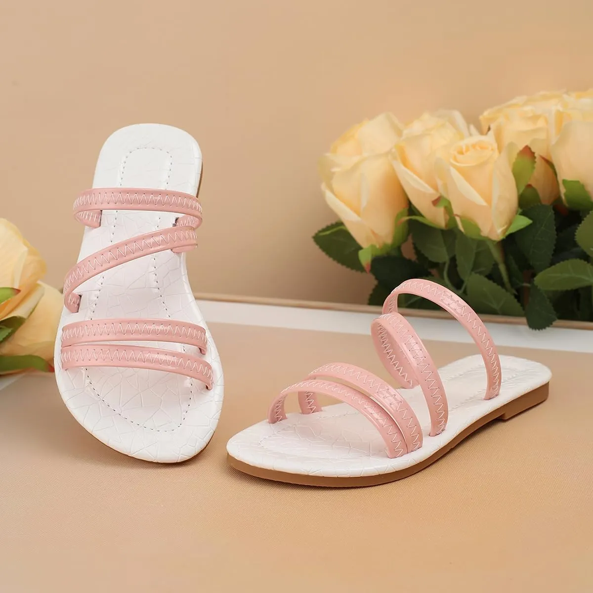 Girls' Open Round Toe Summer Strappy Flats Sandals Cute Pink Strap Slip On Dress Sandal Flats Shoes for Girls (Toddler Little Kid Big Kid)