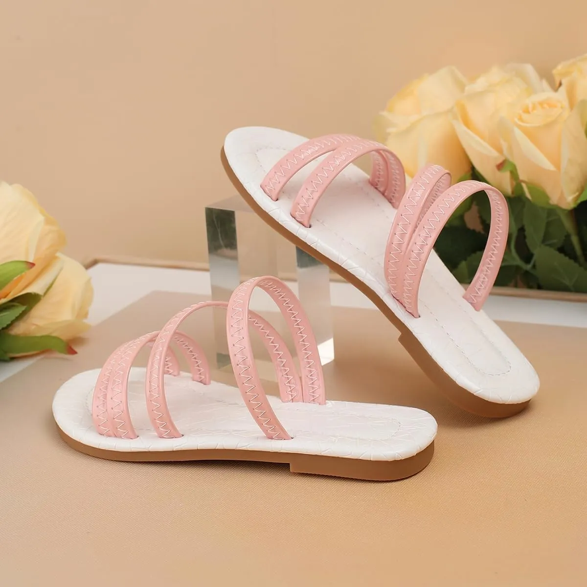 Girls' Open Round Toe Summer Strappy Flats Sandals Cute Pink Strap Slip On Dress Sandal Flats Shoes for Girls (Toddler Little Kid Big Kid)