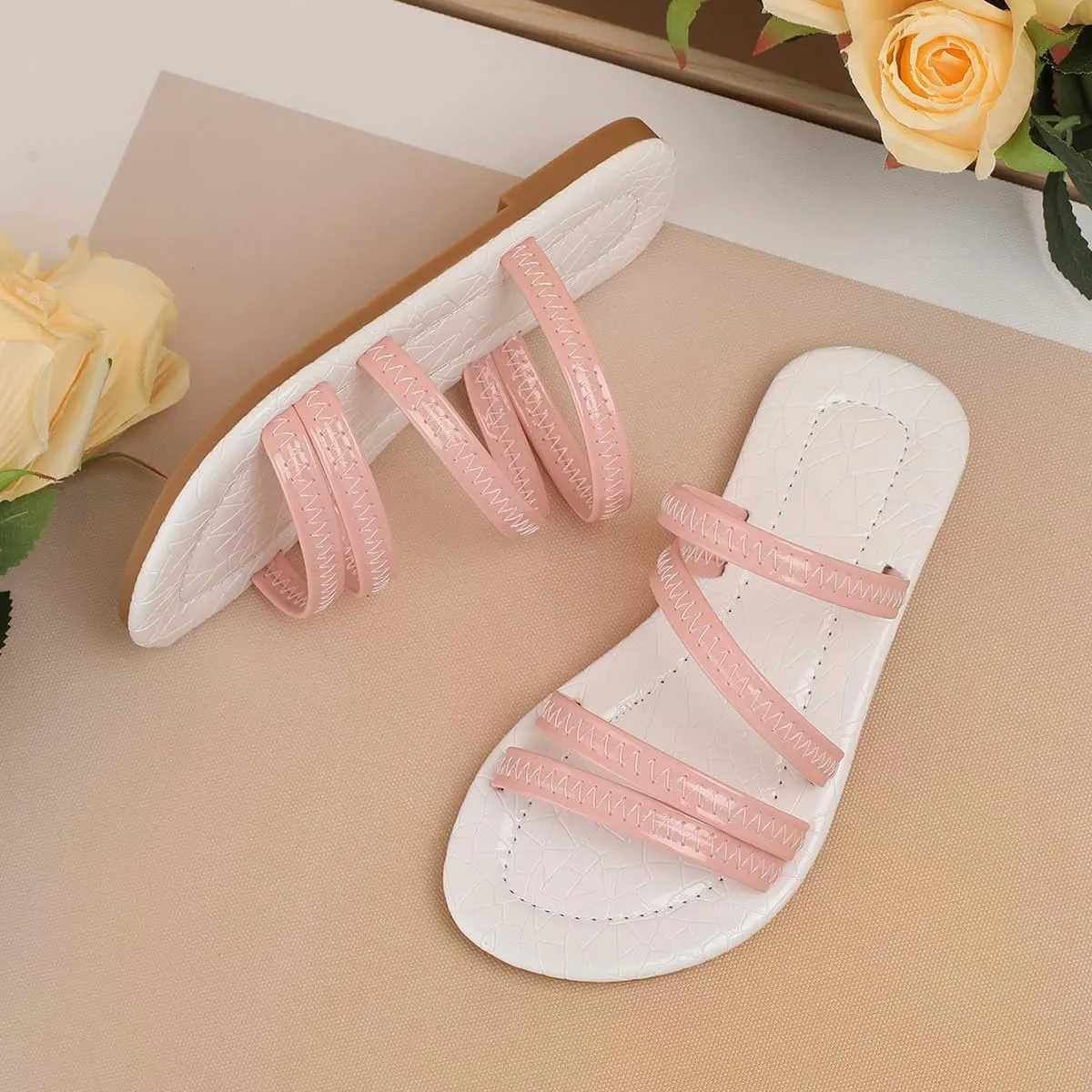 Girls' Open Round Toe Summer Strappy Flats Sandals Cute Pink Strap Slip On Dress Sandal Flats Shoes for Girls (Toddler Little Kid Big Kid)