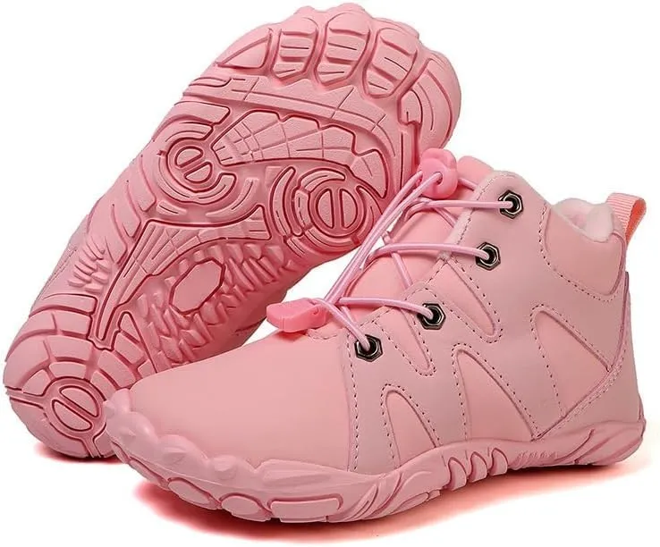 Kids Barefoot Boots Fur Lined Zero Drop Sole Shoes,Unisex Children Wide Toe Box Toddler Hiking Boots,Boys Girls Anti-Slip Waterproof Minimalist High Top Snow Boots