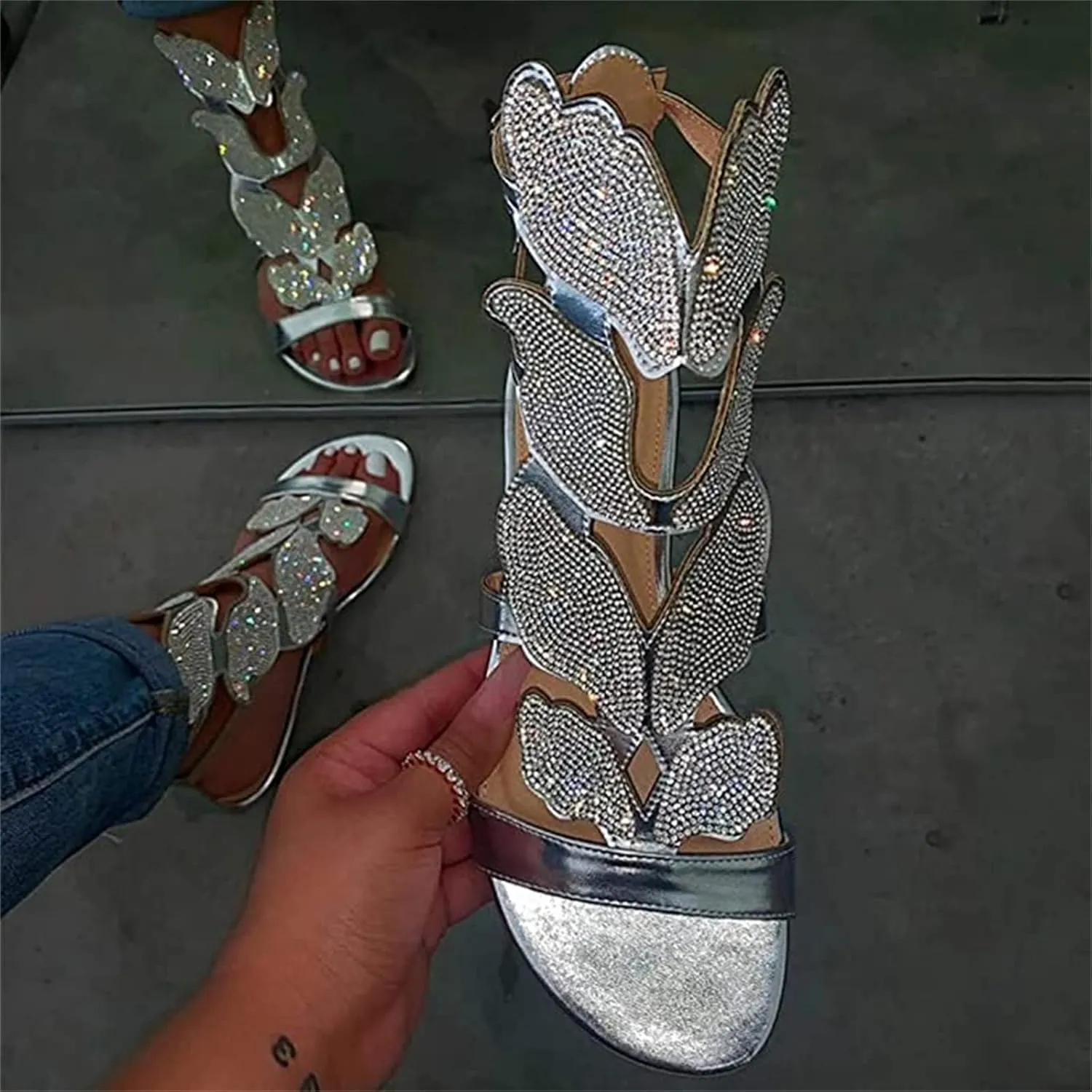 Ladmiple Sandals for Women Dressy Summer Fashion Crystal Cut Out Flip Flops Sandals Casual Beach Open Toe Flats Sandal