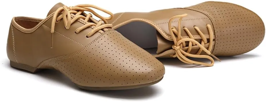Leather Jazz Shoe for Women and Girls, Lace Up Performane Practice Dance Shoes Low Heel Split Sole