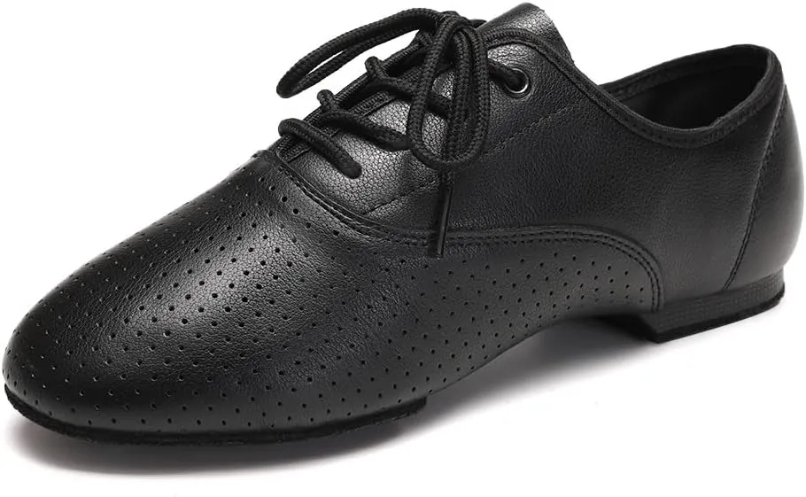 Leather Jazz Shoe for Women and Girls, Lace Up Performane Practice Dance Shoes Low Heel Split Sole