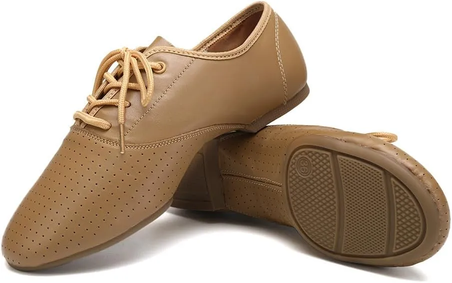 Leather Jazz Shoe for Women and Girls, Lace Up Performane Practice Dance Shoes Low Heel Split Sole