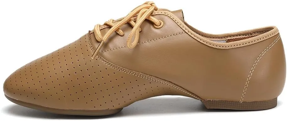 Leather Jazz Shoe for Women and Girls, Lace Up Performane Practice Dance Shoes Low Heel Split Sole