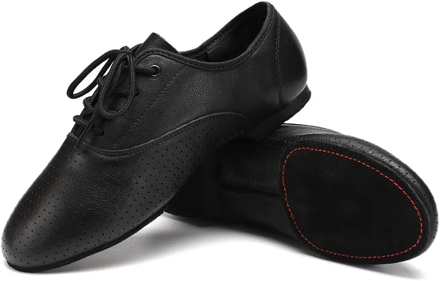 Leather Jazz Shoe for Women and Girls, Lace Up Performane Practice Dance Shoes Low Heel Split Sole