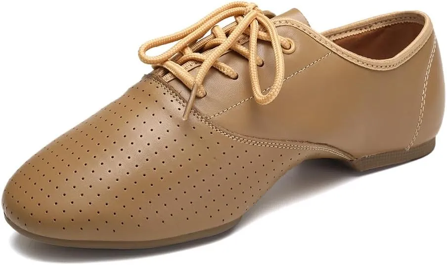 Leather Jazz Shoe for Women and Girls, Lace Up Performane Practice Dance Shoes Low Heel Split Sole
