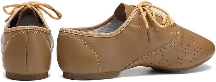 Leather Jazz Shoe for Women and Girls, Lace Up Performane Practice Dance Shoes Low Heel Split Sole