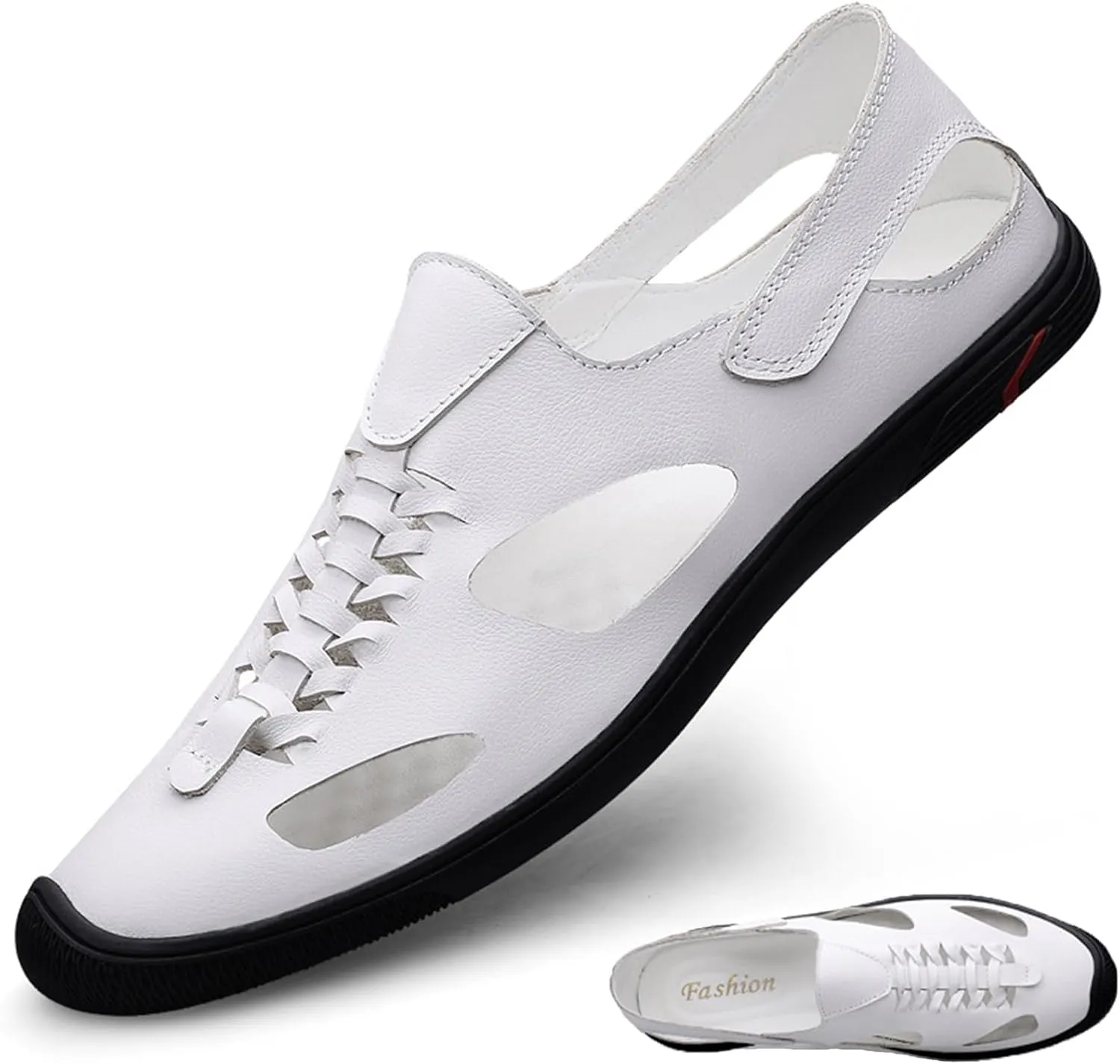 Men's Hollow Genuine Leather Flat Fisherman Sandals Casual Summer Breathable Closed Toe Slip Ons Driving Beach Walking Water Hiking Sandals