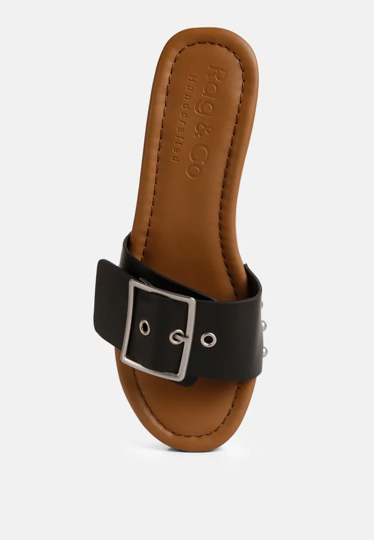 MIINDY Buckle Strap Leather Slip Ons in black