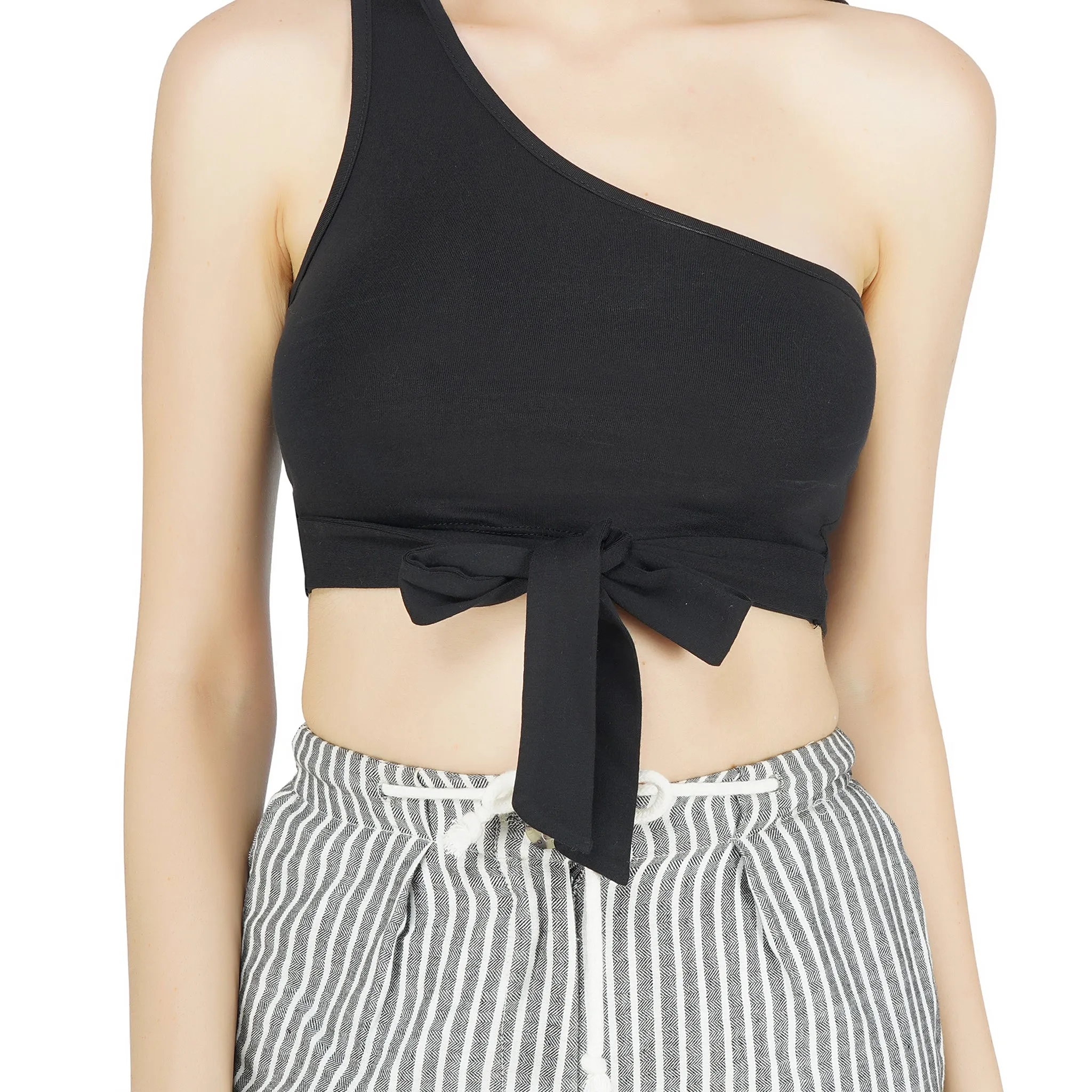 SLAY. Women's One shoulder Black Crop Top with Bow