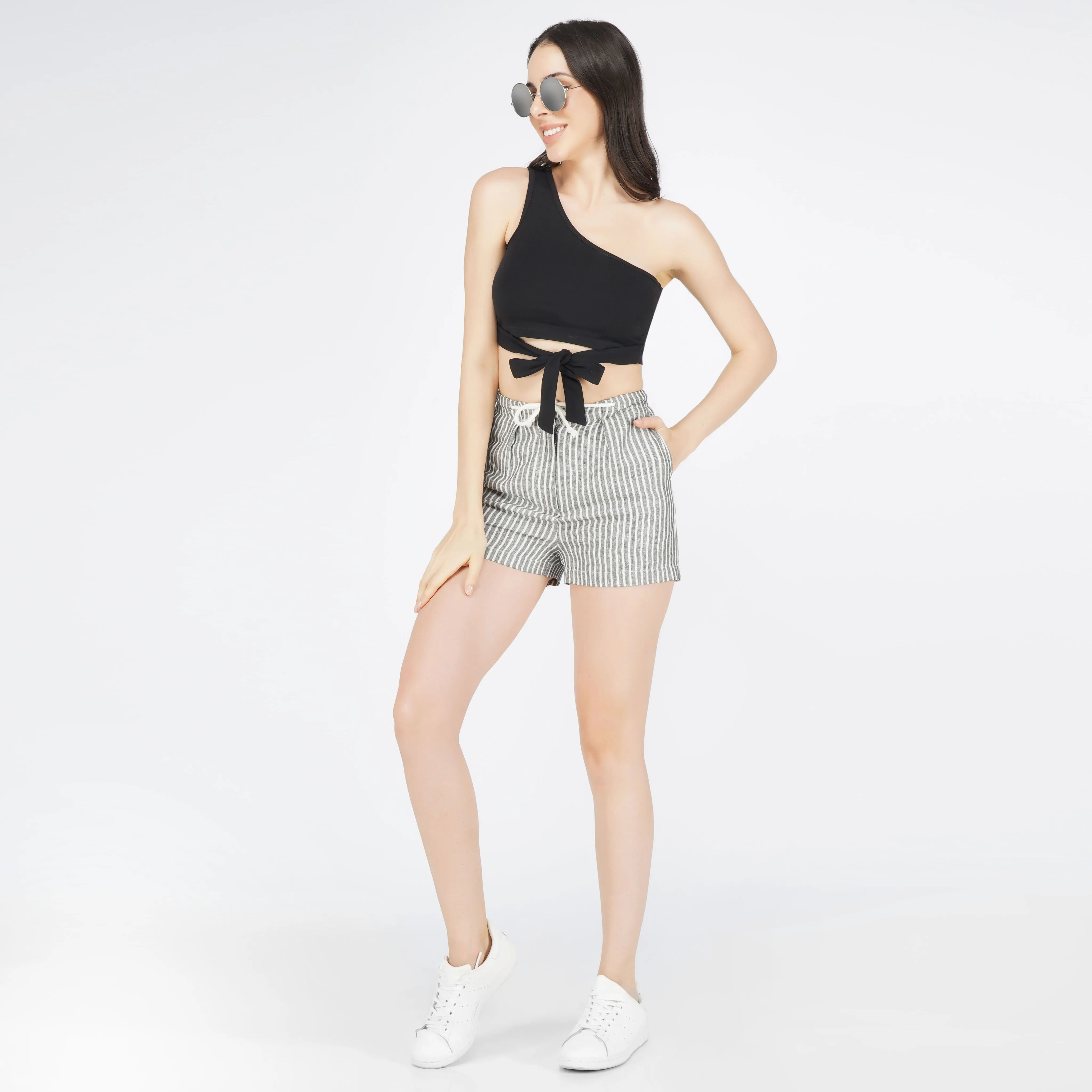 SLAY. Women's One shoulder Black Crop Top with Bow