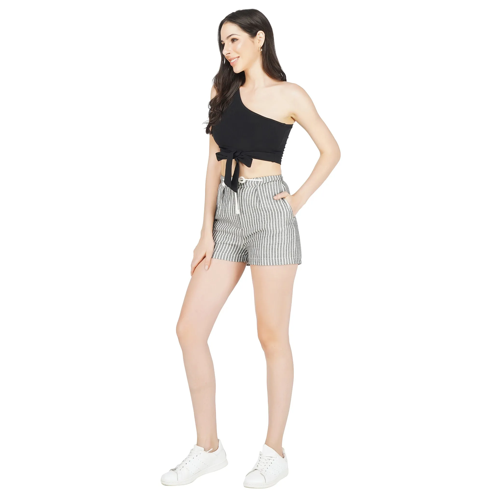 SLAY. Women's One shoulder Black Crop Top with Bow