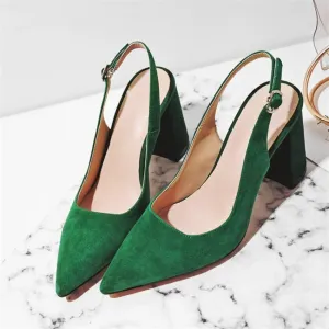 Suede Square High Heel Slingbacks Leather Buckle Pointed Toe Pumps Suede Square High Heel Slingbacks Leather Buckle Pointed Toe Pumps