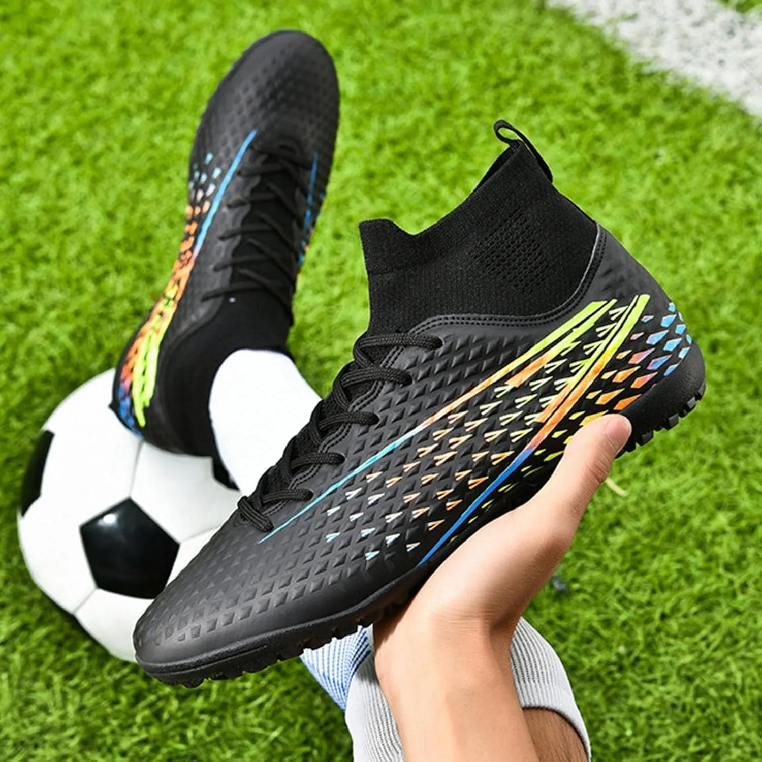 Wide Soccer Cleats Turf, Football Cleats Professional Lightweight High Top for Youth Big Boys Firm Ground Training