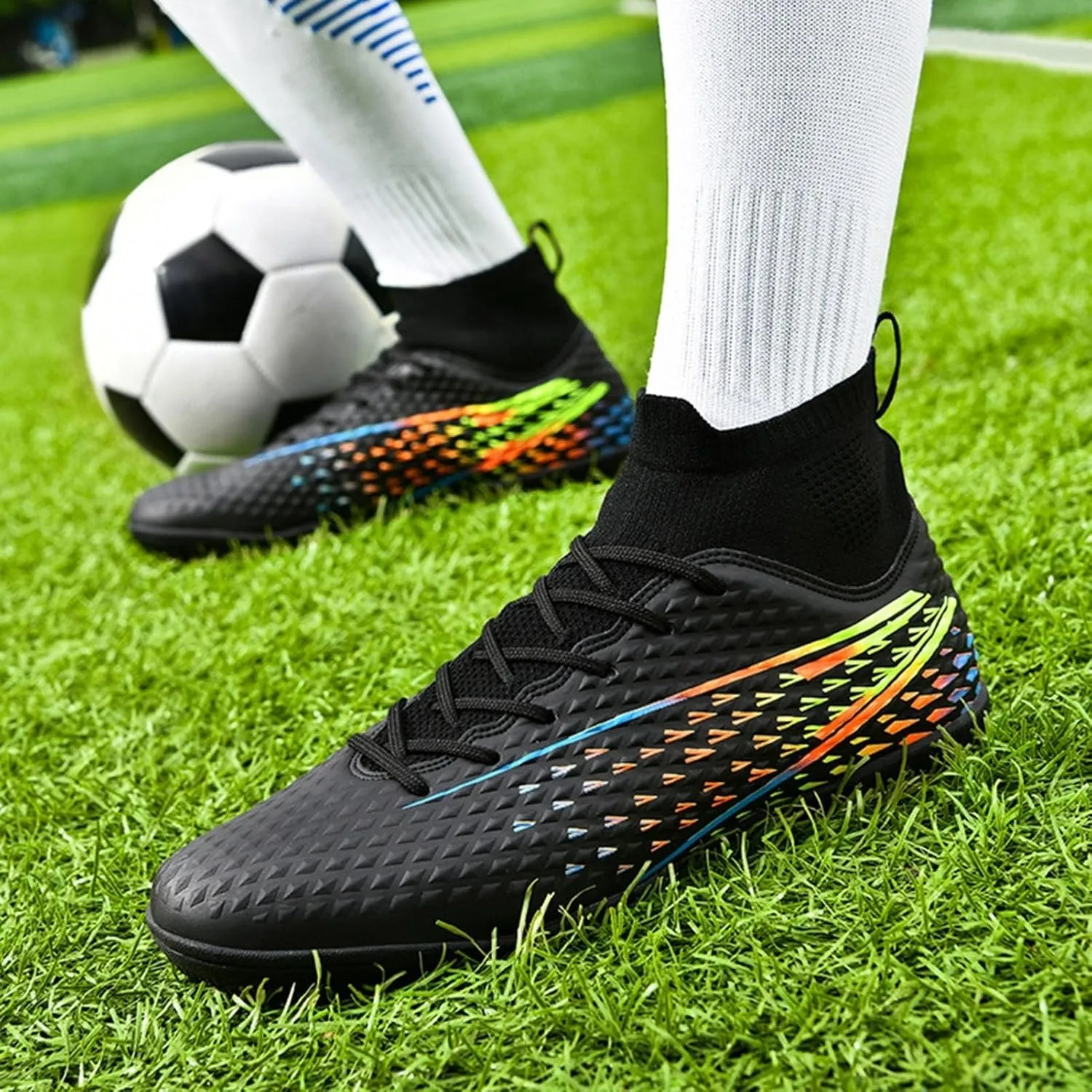 Wide Soccer Cleats Turf, Football Cleats Professional Lightweight High Top for Youth Big Boys Firm Ground Training